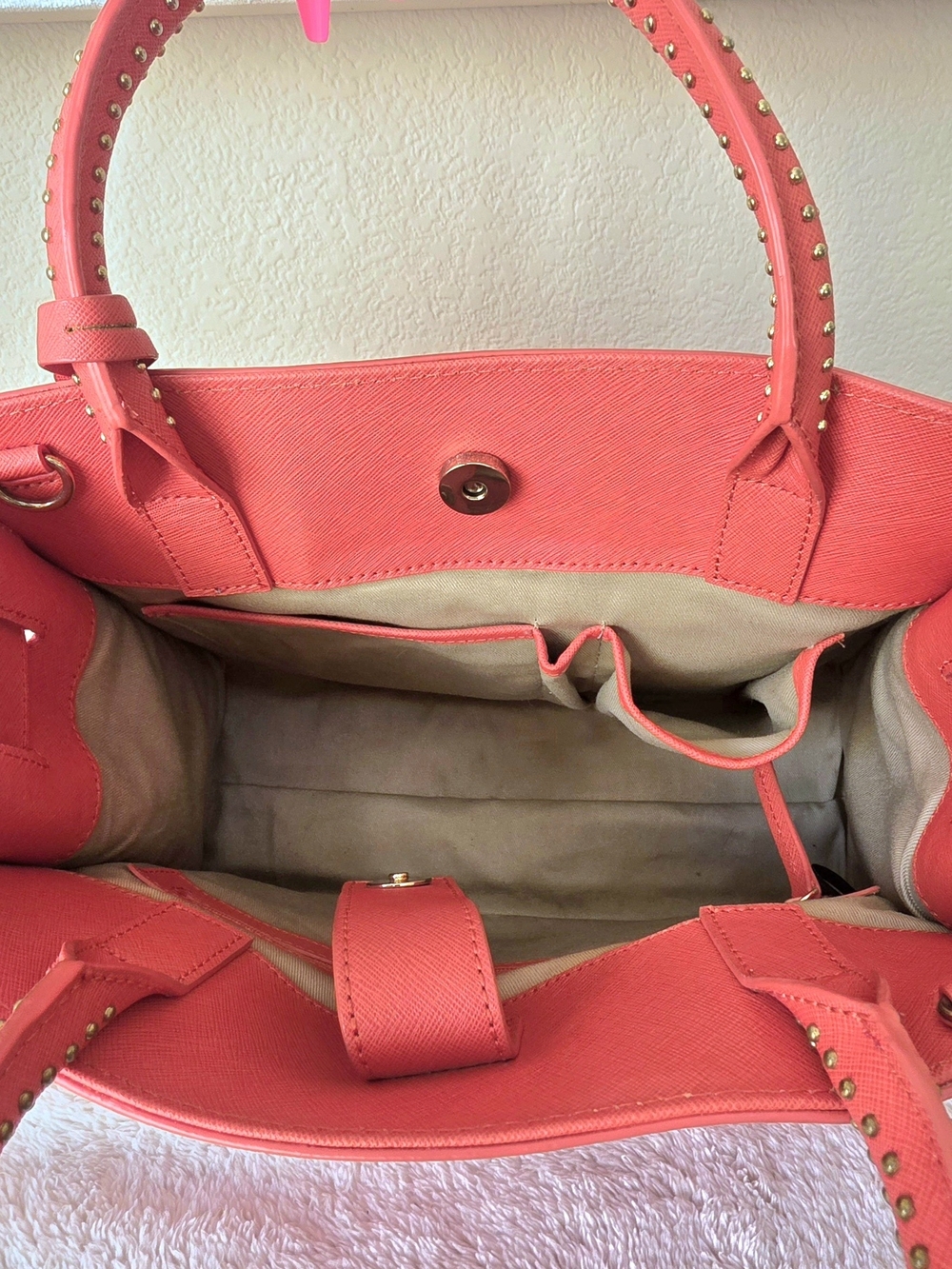 π§‘ Kenneth Cole Coral Orange Top Handle Gold Studded Tote Bag Detachable Strap - Picture 9 of 13